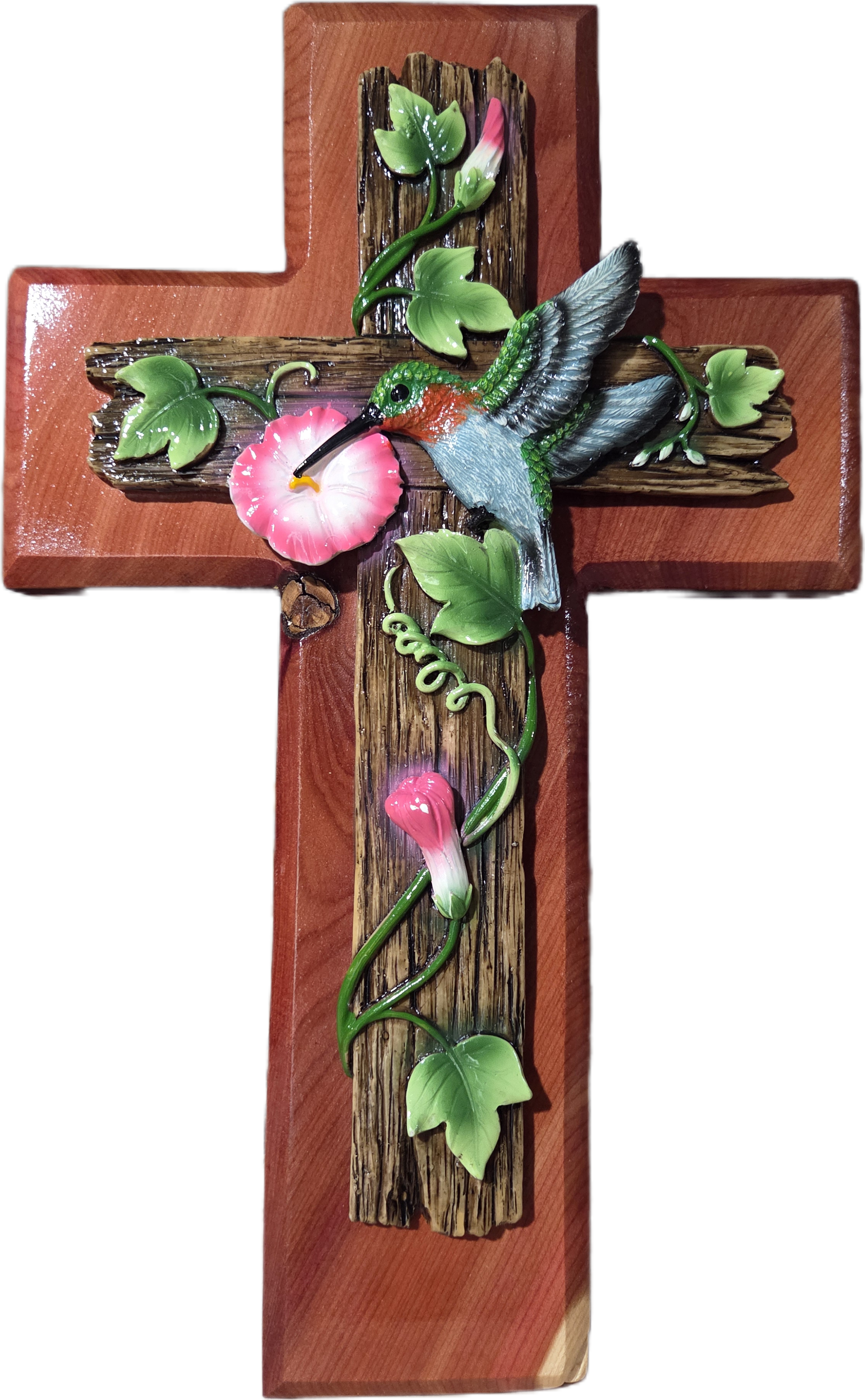 3D Hummingbird and Flower Cedar Wall Cross 15