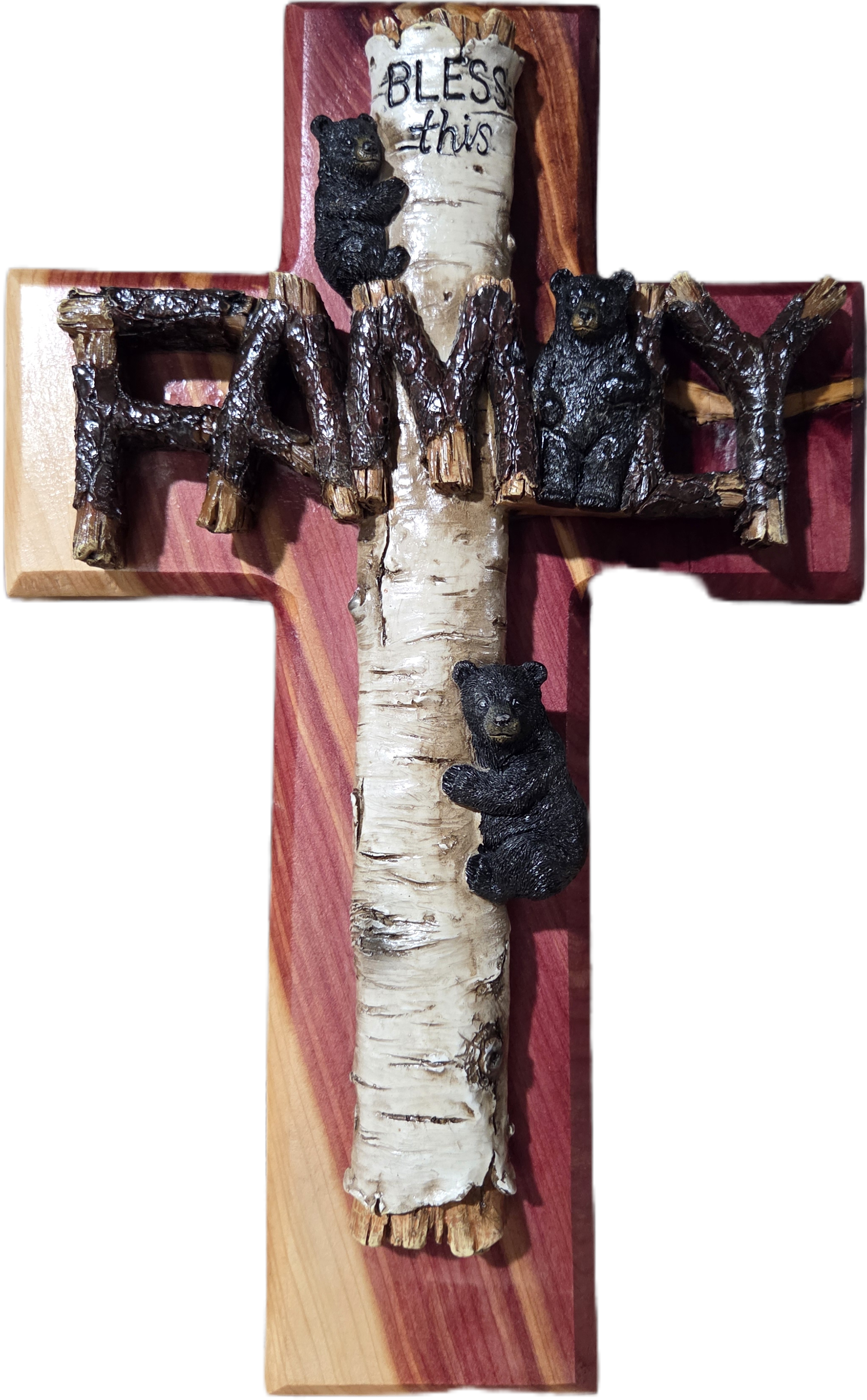 Rustic Bear Family Cedar Wall Cross 15