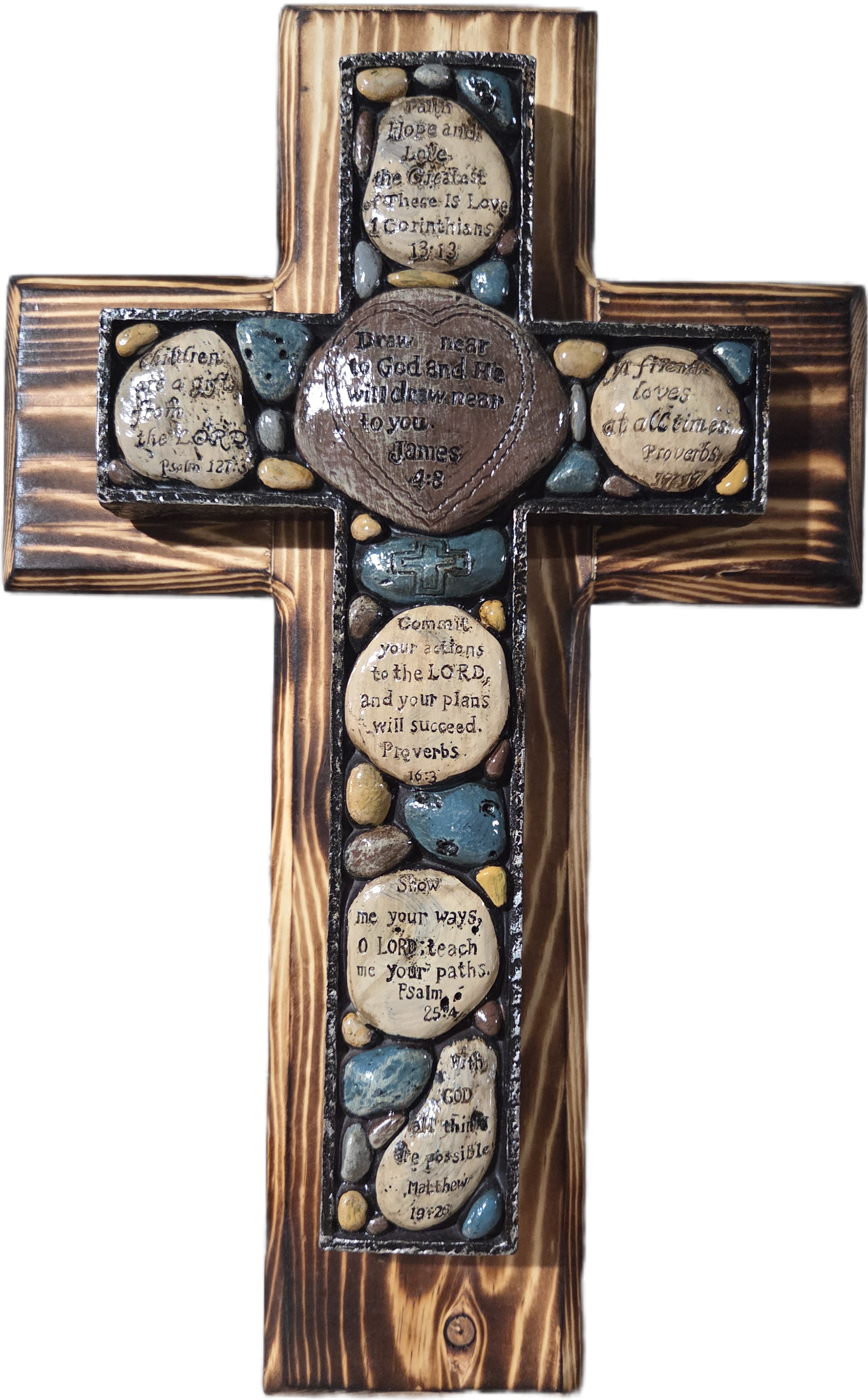 Handcrafted Pine Wood Scriptural Wall Cross 15"x10.25"