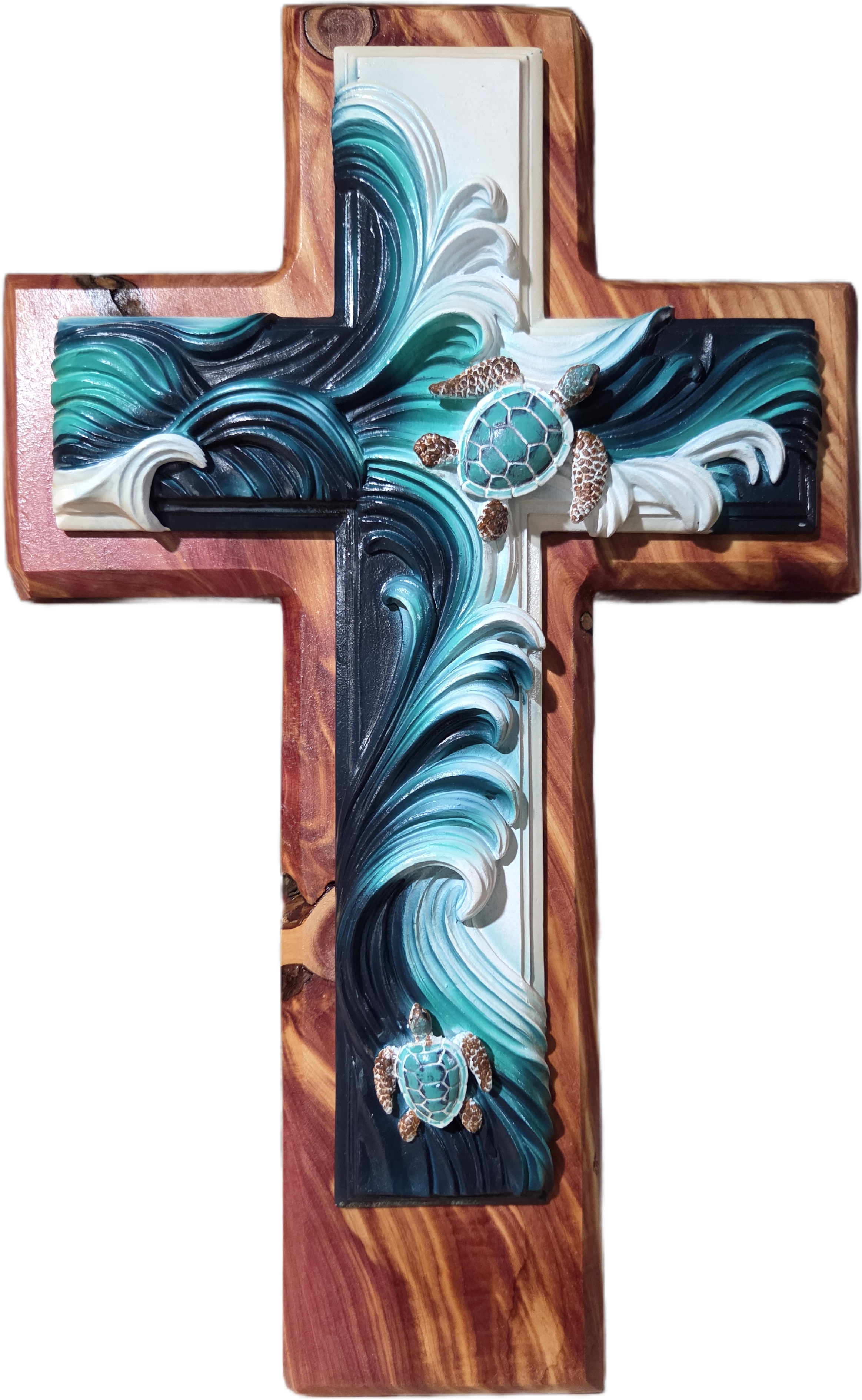 Ocean Wave Cedar Cross with Sea Turtle Accent 15