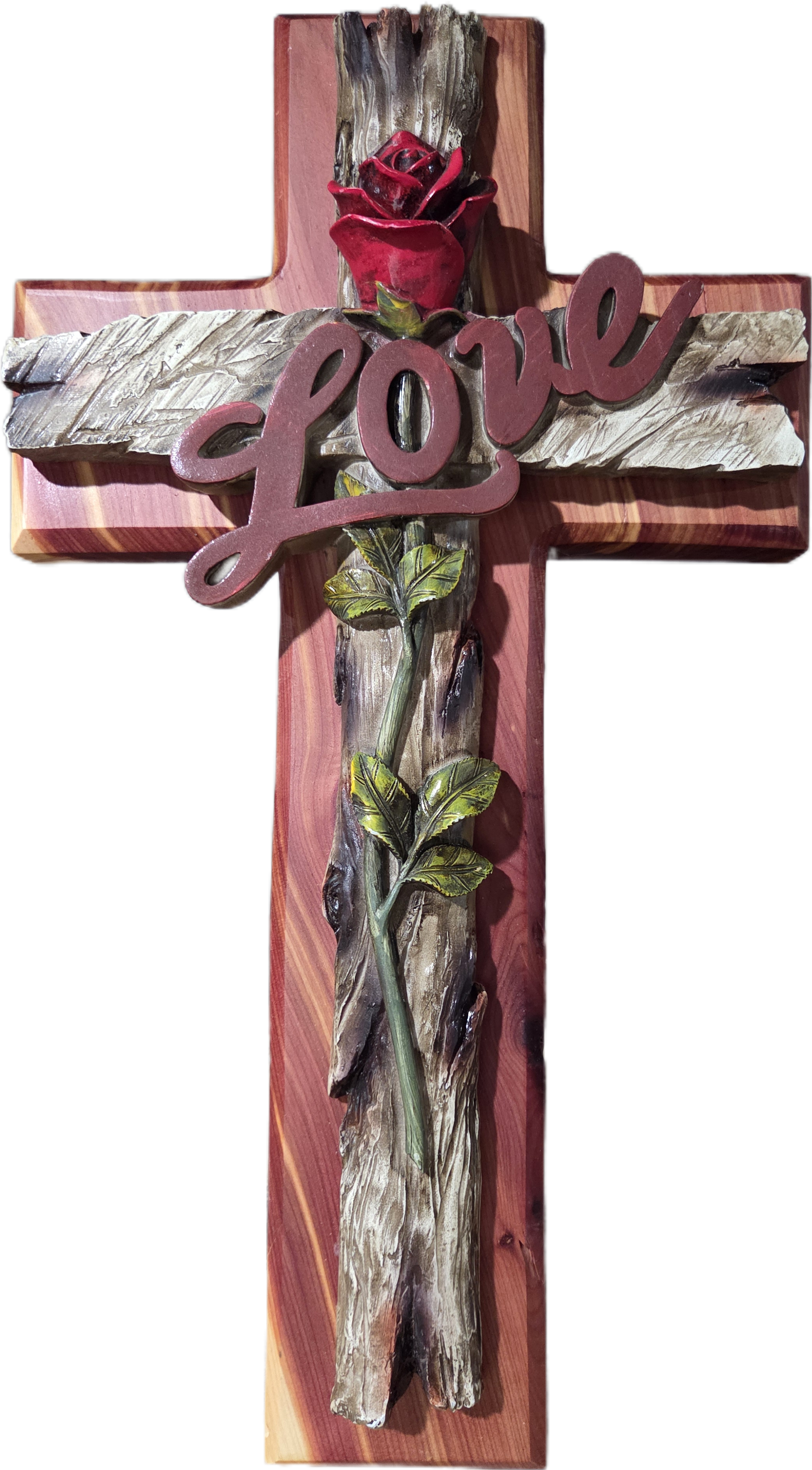 Cedar Cross with 3D Rose and Love Inscription 19.25