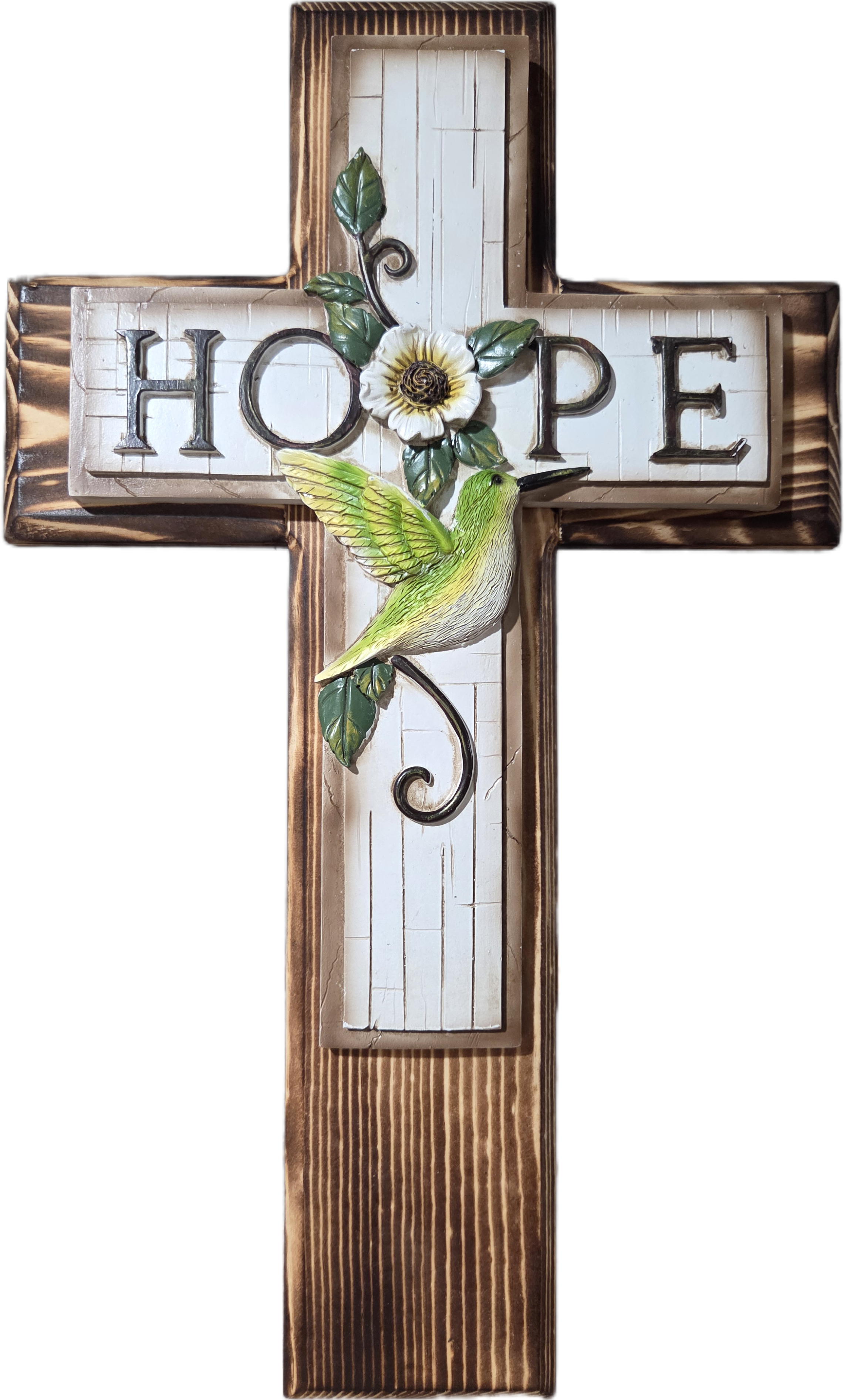 Pine wood 'Hope' Cross with Hummingbird Design 18