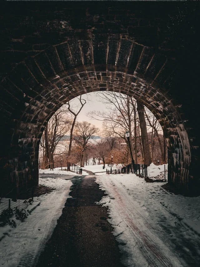 central park in new york seen from a tunnel with snow