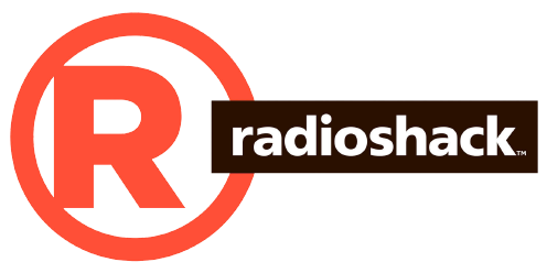 RadioShack logo with a red circle and the letter R, with the word 'radioshack' in white on a brown rectangular background.
