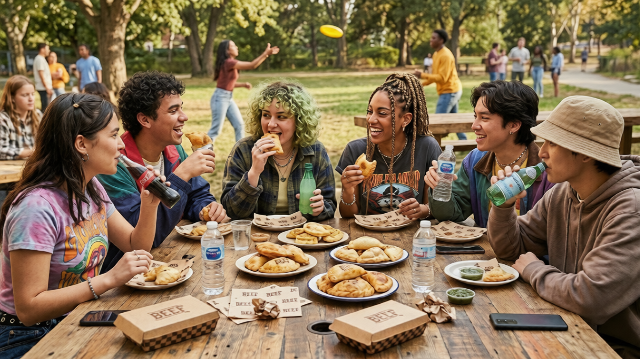 Group of six friends eating pizza and drinking beverages at an outdoor picnic table in a park.