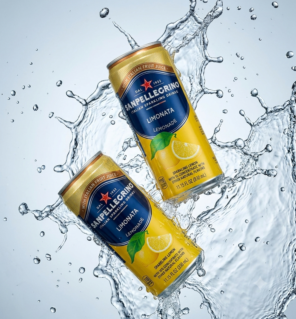 Two cans of Sanpellegrino lemon lemonade sparkling drink splashing into water.