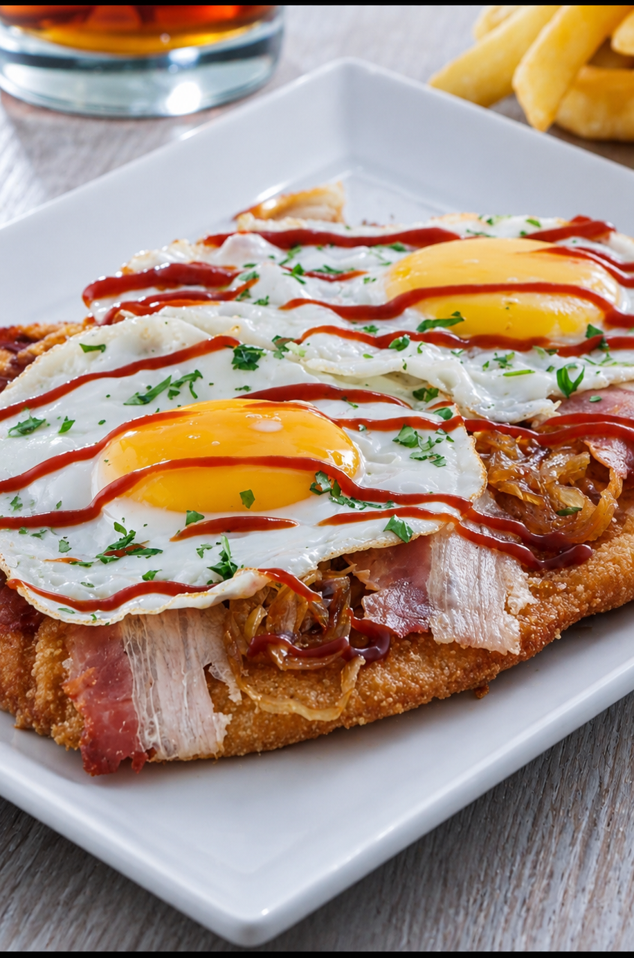Fried pork cutlet topped with sunny side up eggs, ketchup, and chopped parsley on a white plate, with French fries and a drink in the background.