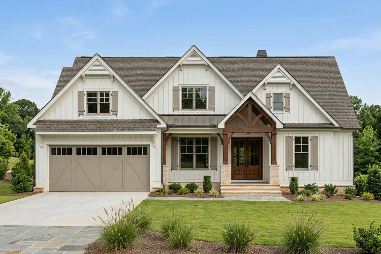 Front view of a modern two-story house with white vertical siding, a gray shingled roof, brown front door, and attached garage, surrounded by a landscaped lawn with bushes and trees.