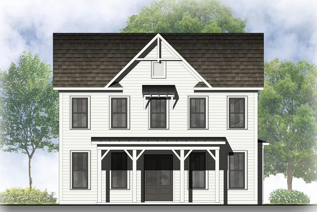 Front view of a two-story white house with black accents, a covered porch, and brown shingle roof, surrounded by green trees.