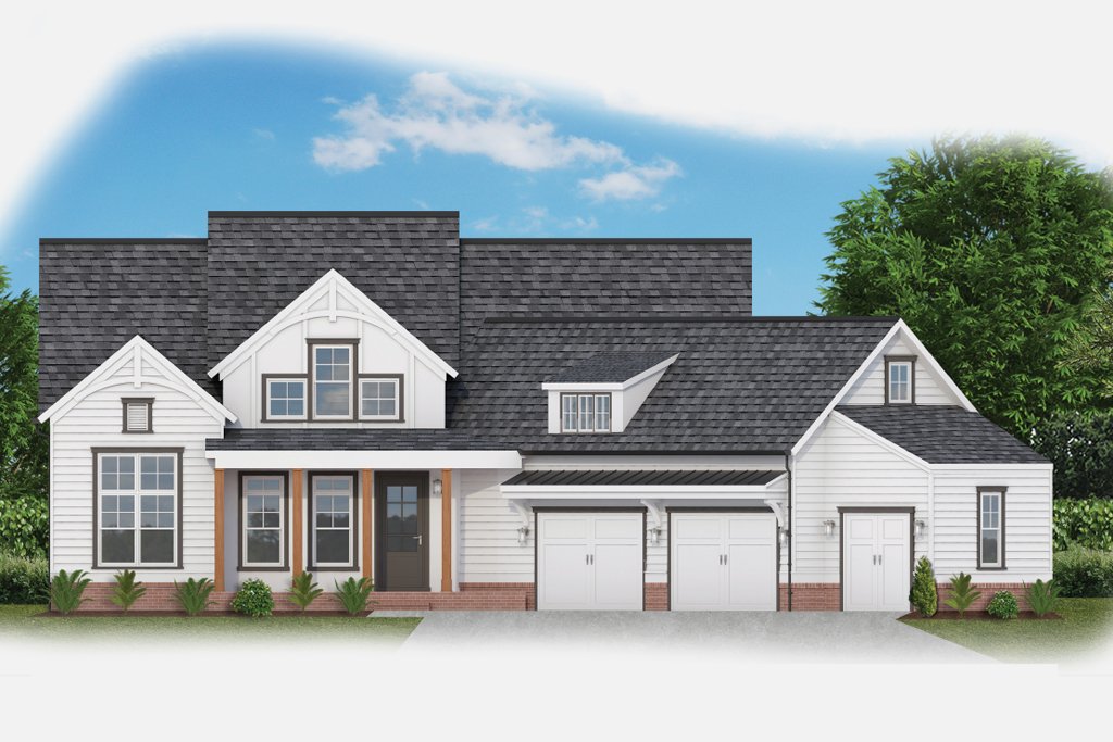 A modern two-story white house with black roof shingles, three garage doors, and a front porch with wooden columns. There are landscaped bushes in front over a brick foundation, with trees on either side and a blue sky with clouds in the background.