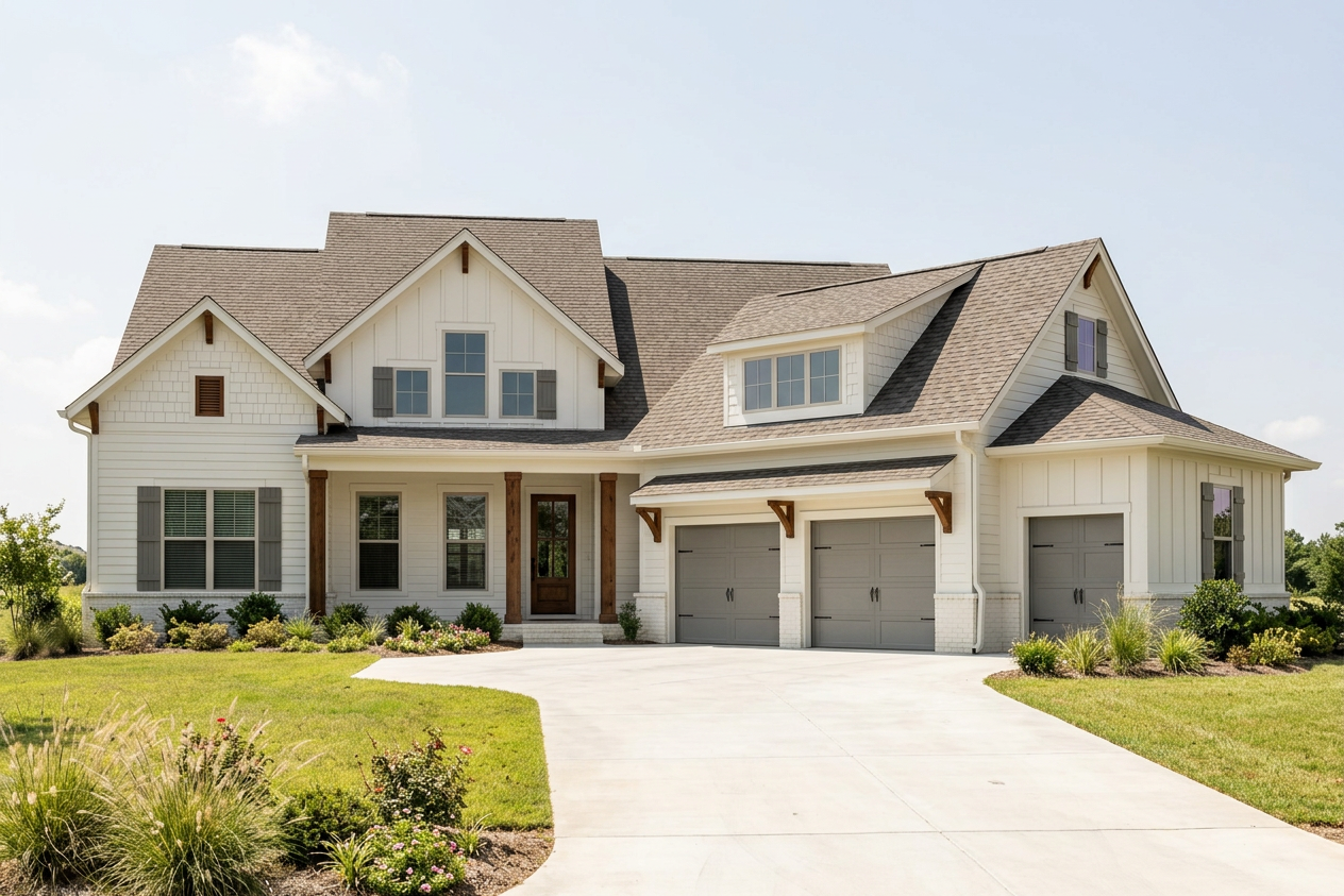 Front view of a modern two-story house with a three-car garage, white siding, brown roof, and landscaped yard with shrubs and flowers.