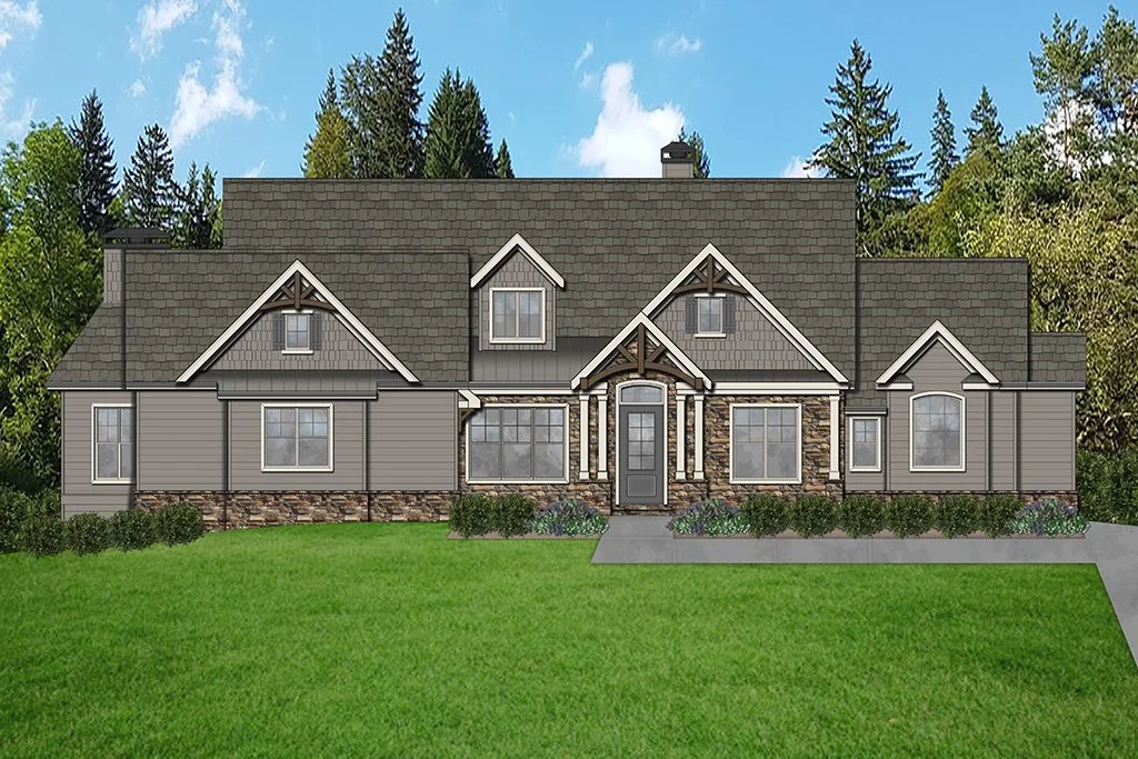 Drawing of a modern suburban house with gray siding and stone accents, surrounded by a green lawn and tall trees in the background.