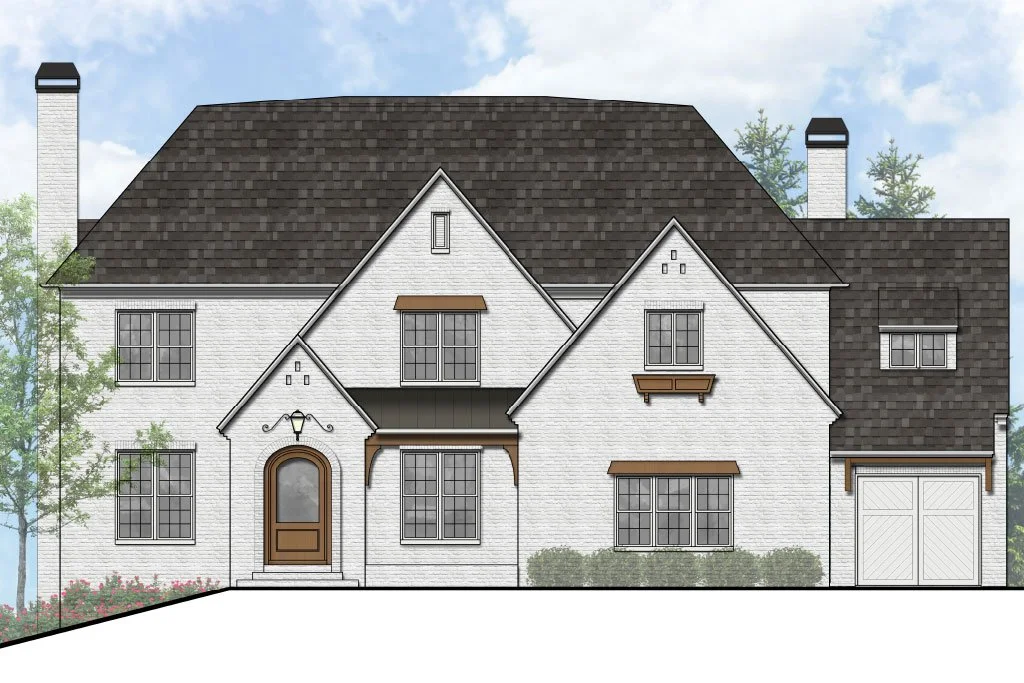 A two-story white house with a dark shingled roof, multiple windows, a front door with an arched top, and a garage on the right side, surrounded by some trees and bushes.