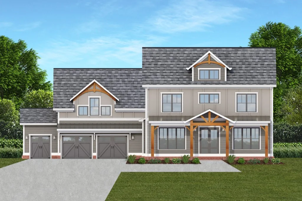 A large modern house with multiple garage doors, a front porch with wooden support beams, and gabled dormer windows, surrounded by trees and greenery under a blue sky.
