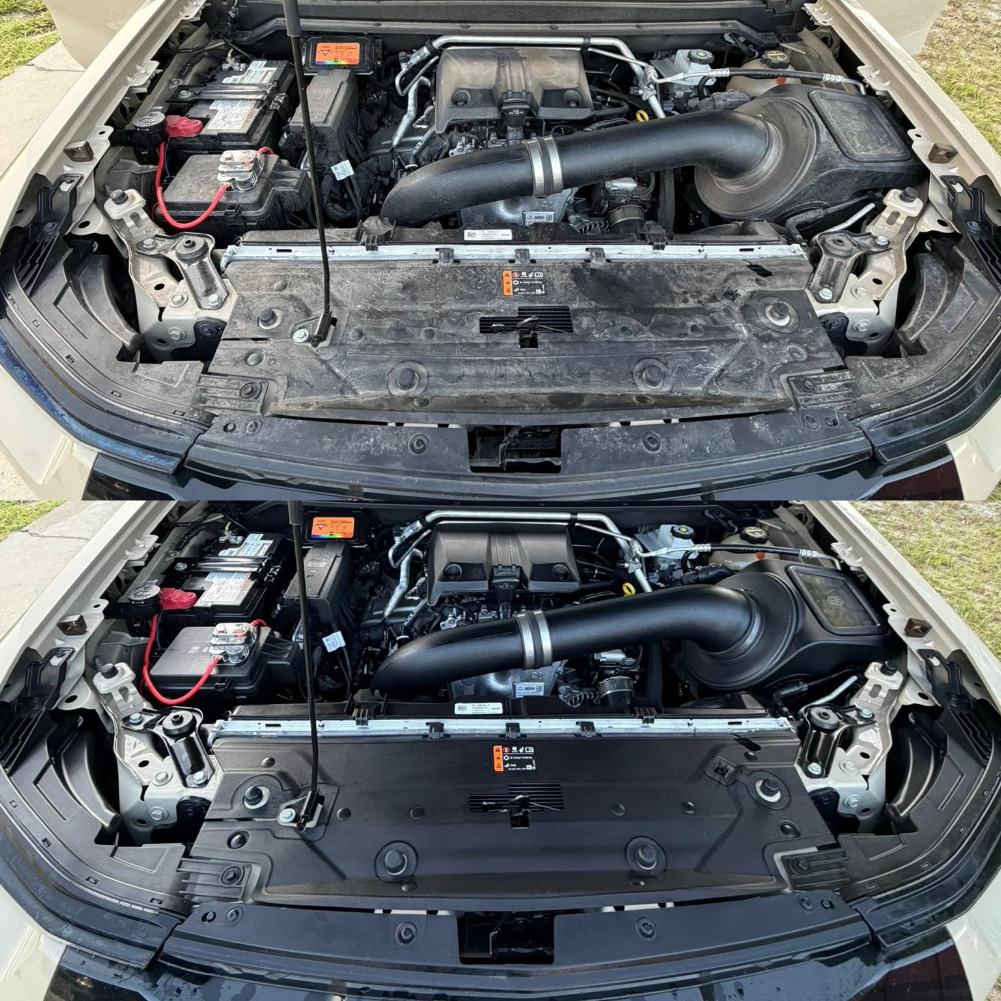 Before and after engine bay detailing removing built-up dirt and restoring a clean, factory-fresh appearance in Ocala, FL