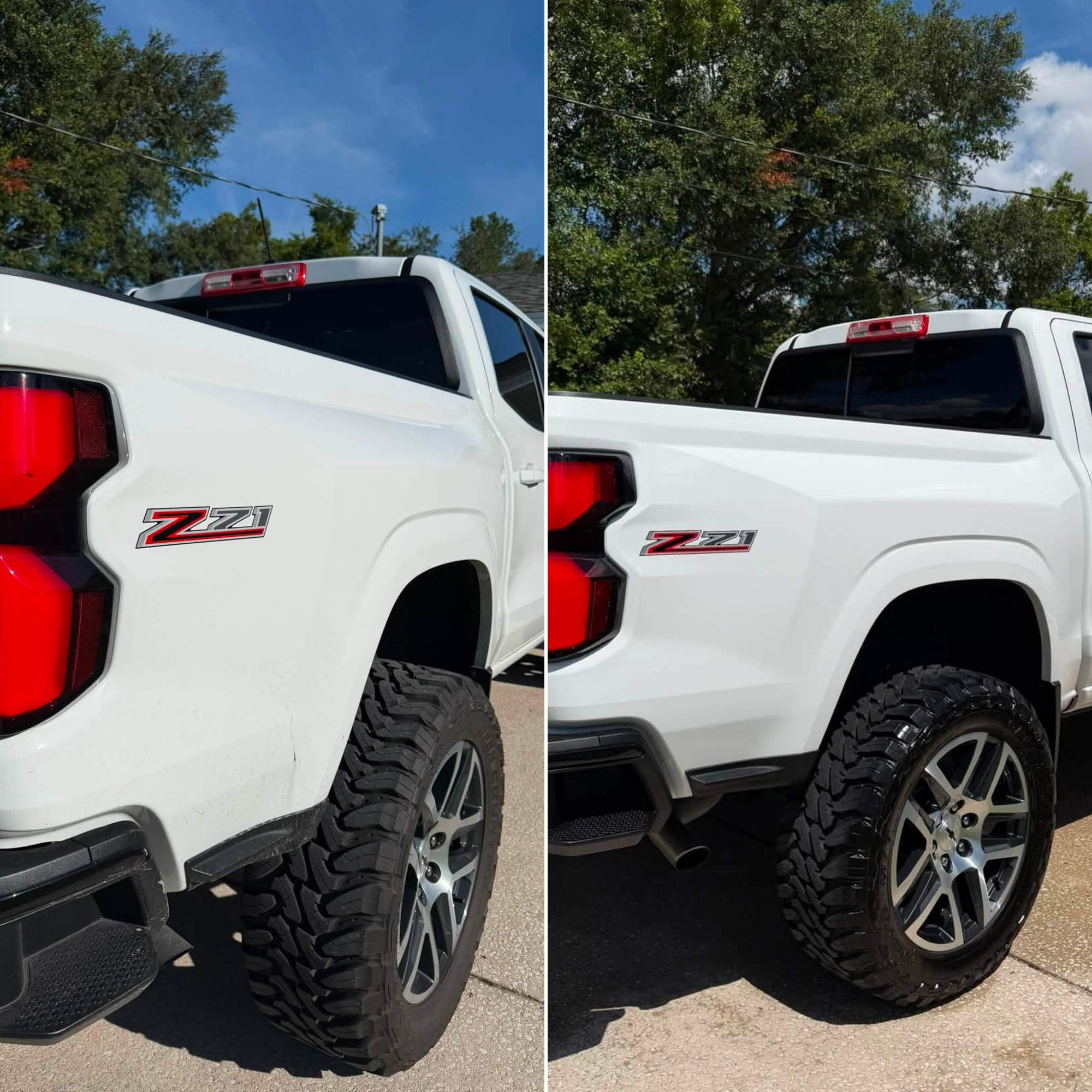 Before and after Chevrolet Colorado truck detailing highlighting restored paint gloss, cleaned wheels, and professional exterior care in Ocala, FL
