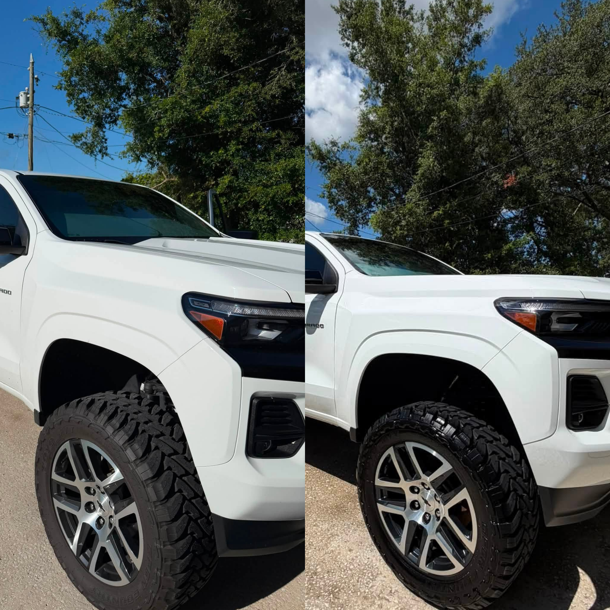 Before and after truck detailing showing enhanced paint shine, clean wheels, and a protected exterior finish in Ocala, FL
