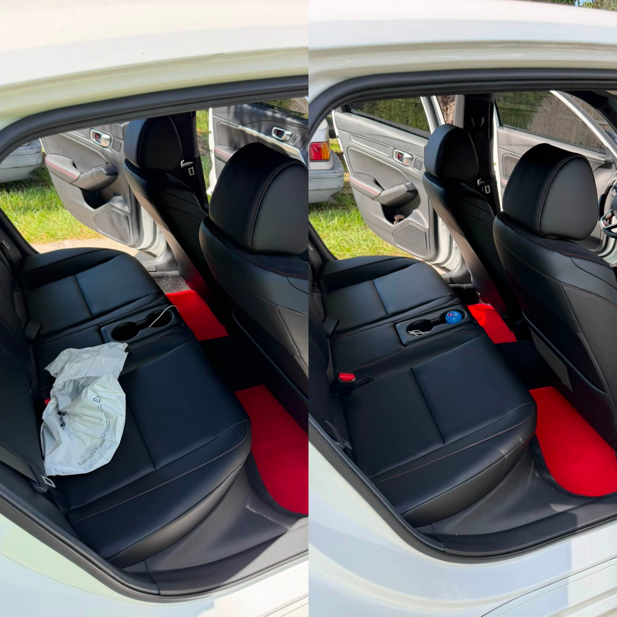 Before and after back seat interior detailing with cleaned leather upholstery, spotless surfaces, and refreshed cabin in Ocala, FL