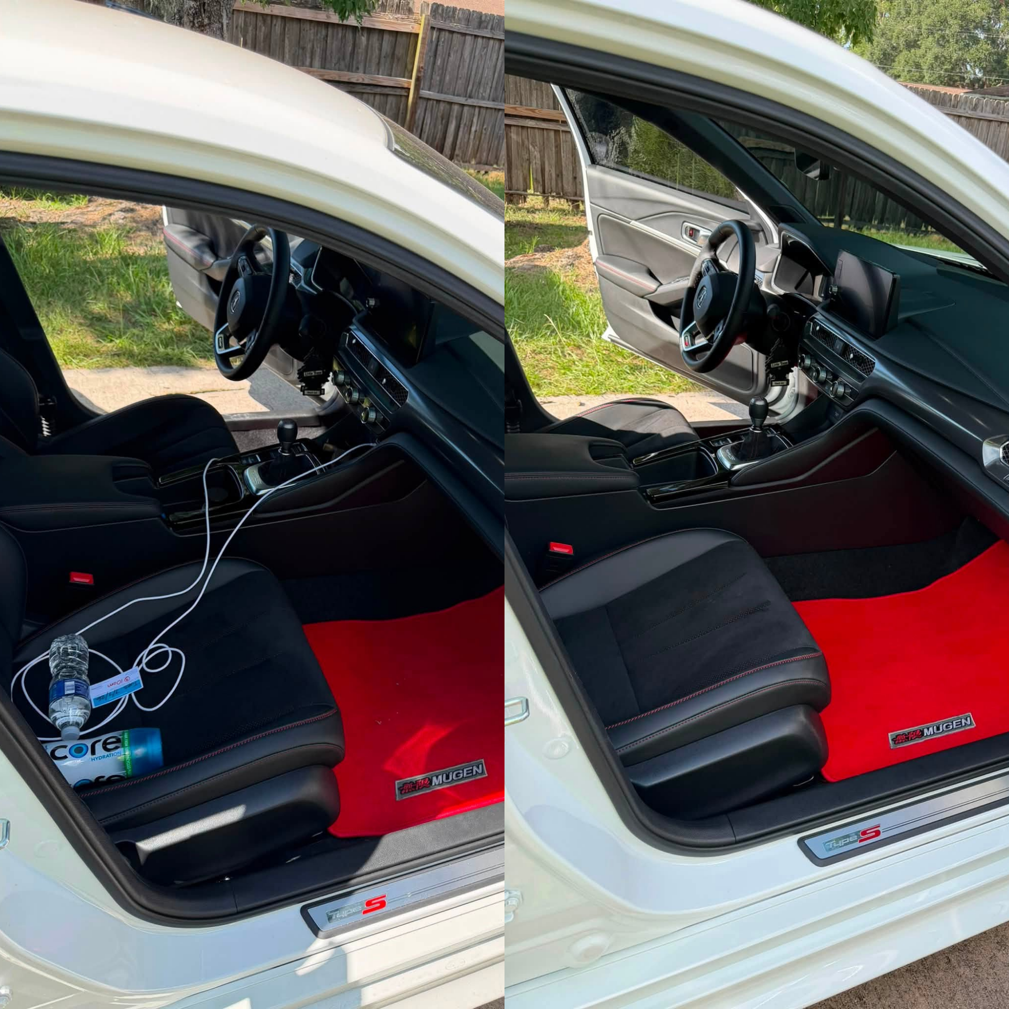 Before and after front seat interior detailing removing clutter, cleaning carpets, and restoring a like-new cabin in Ocala, FL
