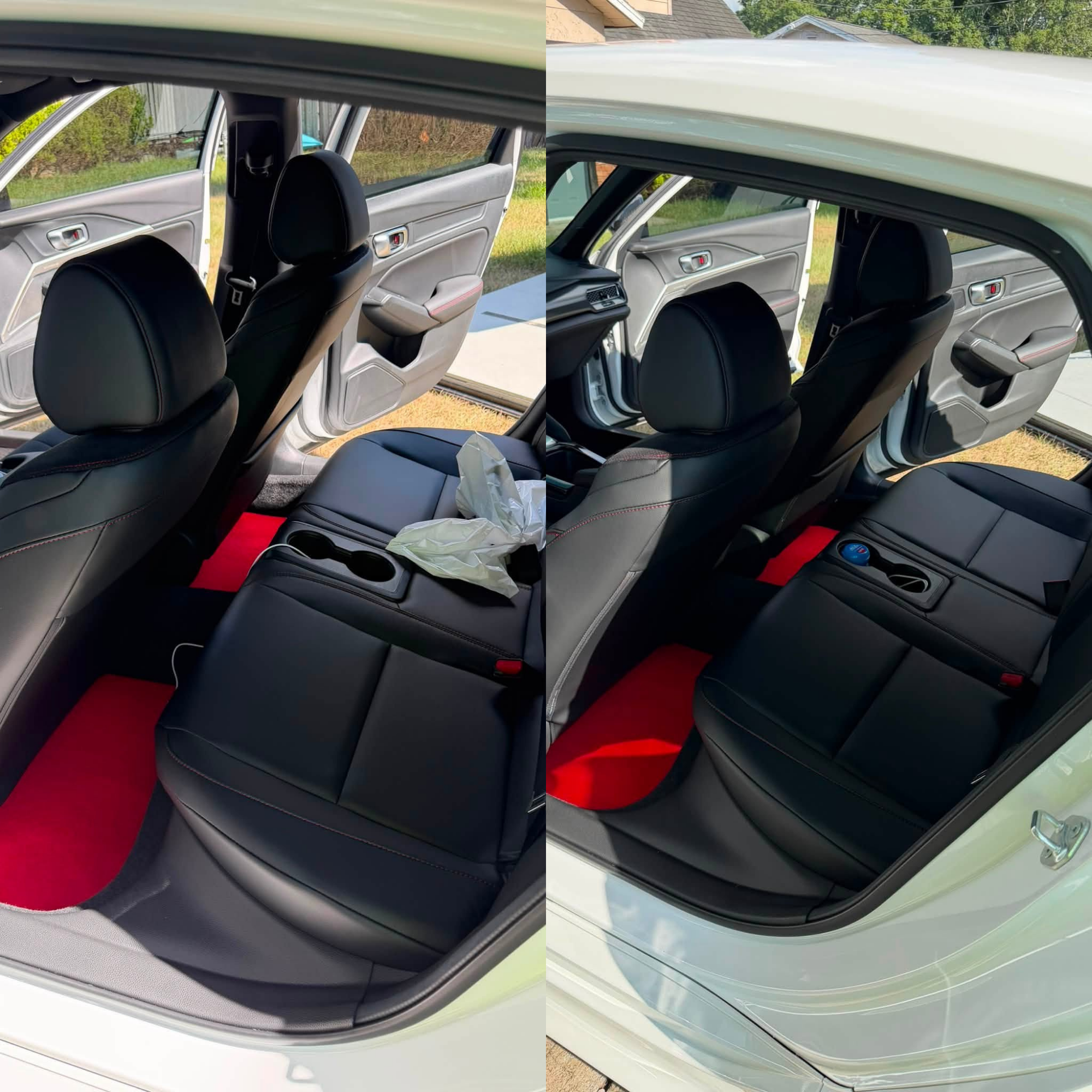 Before and after interior detailing showing spotless leather seats, clean carpets, and a refreshed vehicle cabin in Ocala, FL