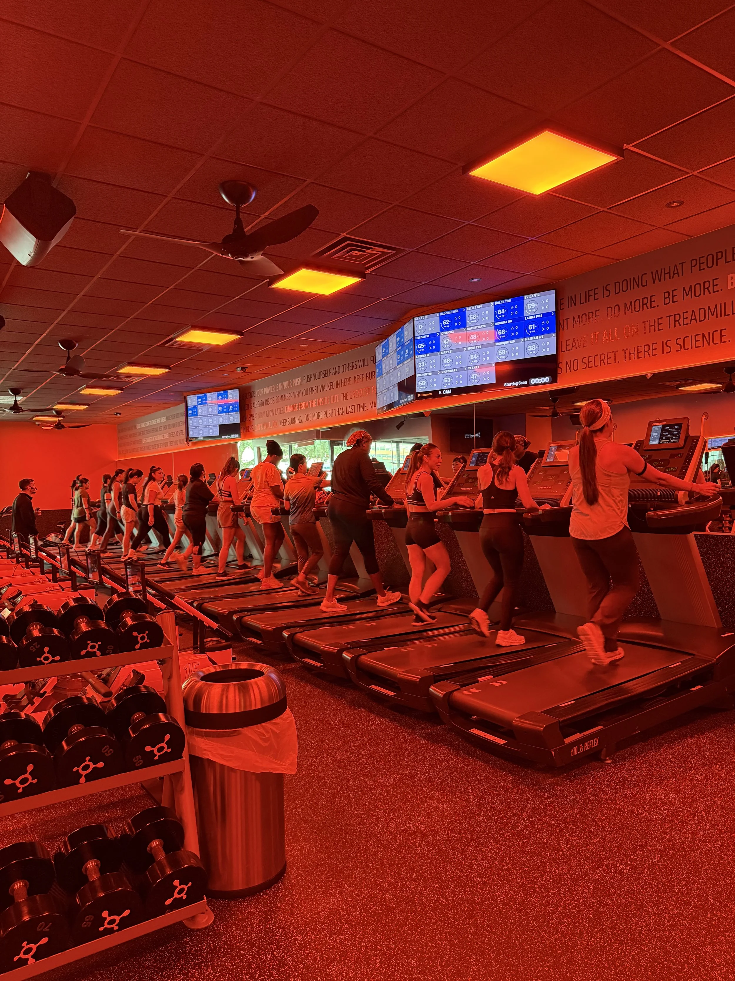People running on treadmills in a gym with red lighting, digital screens, and motivational quotes on the walls.