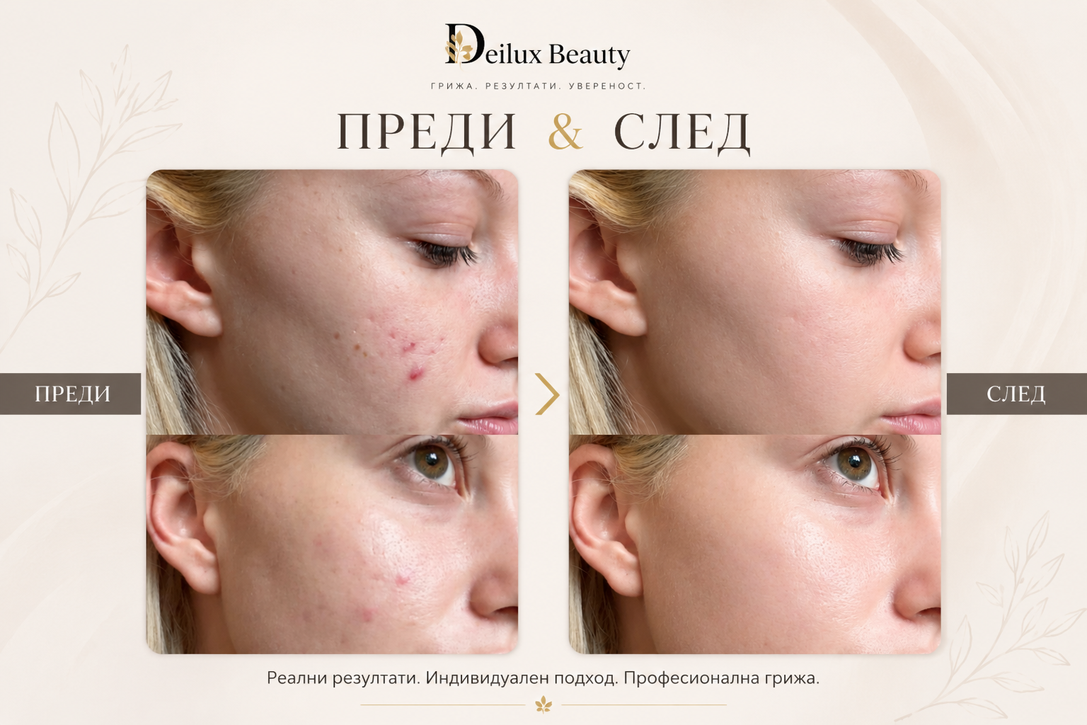 Терапия акне преди и след в Deilux Beauty София