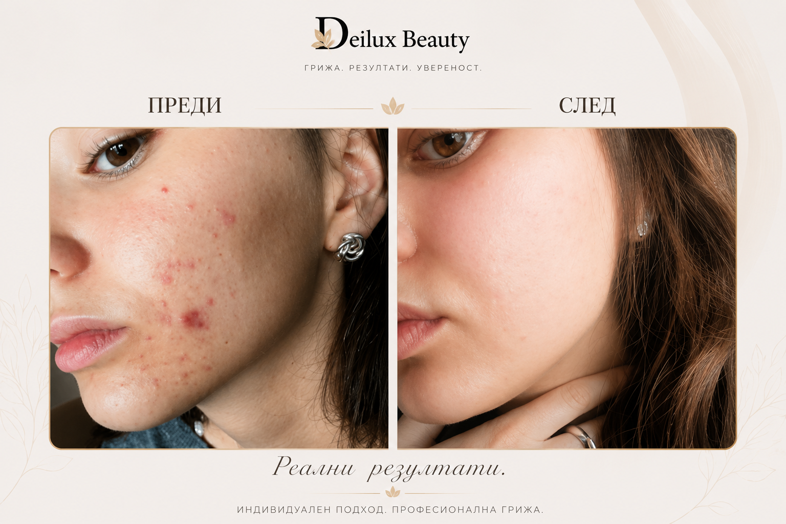 Терапия акне преди и след в Deilux Beauty София