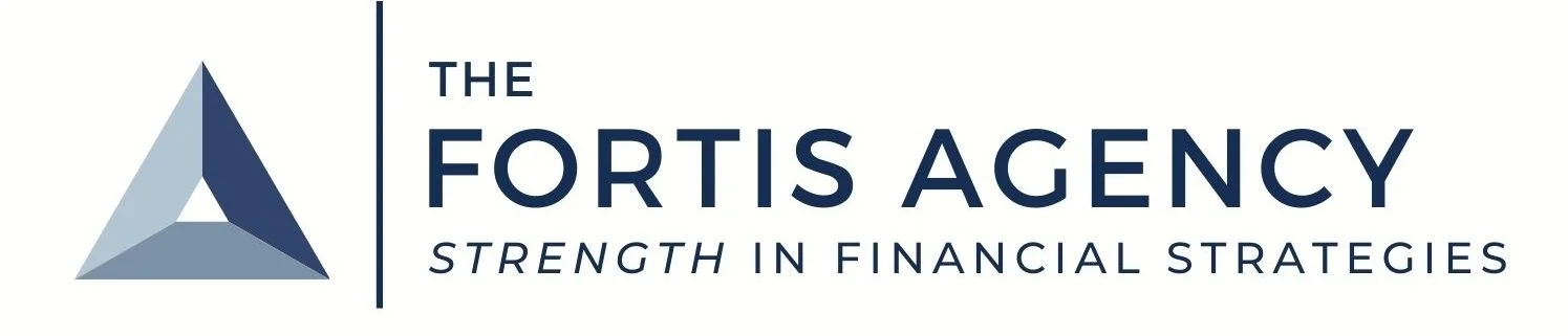 Logo of The Fortis Agency featuring a stylized triangular emblem and the text 'The Fortis Agency - Strength in Financial Strategies' in navy blue and gray colors.