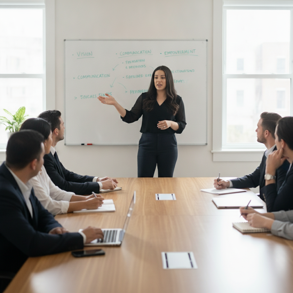 A woman giving a presentation to a group of professionals in a conference room, with notes on a whiteboard behind her.