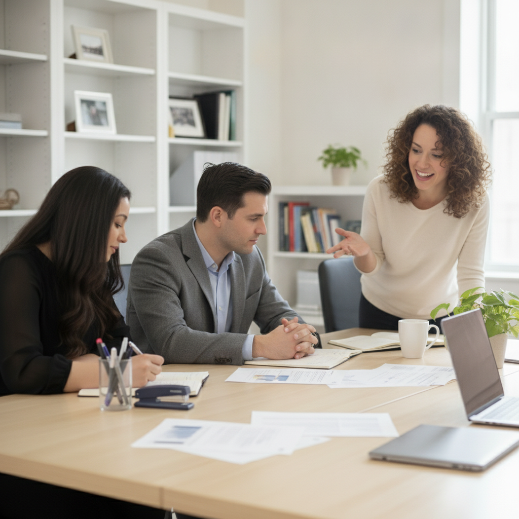 A woman standing and talking to two seated colleagues in a meeting room with documents, laptops, and a potted plant on the table.