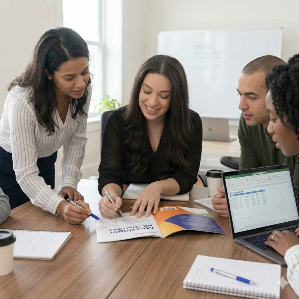 A group of four people gathered around a table in an office, discussing a brochure and looking at a laptop and notebooks.