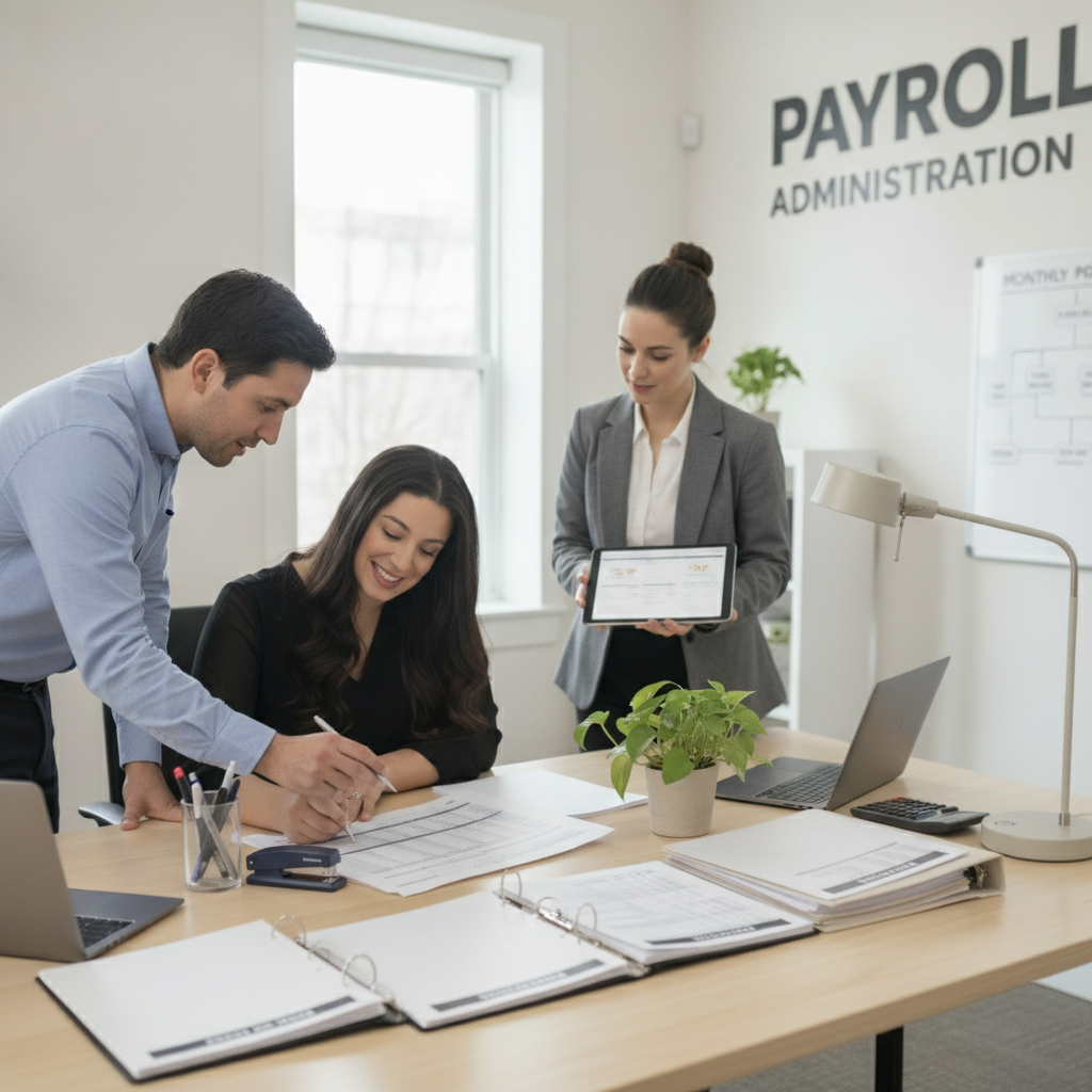 Three people working together at a desk in an office labeled 'Payroll Administration'. One woman is seated and smiling, signing papers, while a man leans over to assist her, and a woman in a gray suit stands holding a tablet. The desk has a laptop, a plant, and several folders.