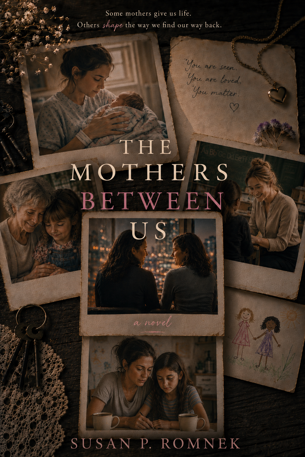 A book cover titled 'The Mothers Between Us' by Susan P. Romnek, featuring photographs of women and children, handwritten notes, flowers, jewelry, and drawings, with sentimental and warm tones.