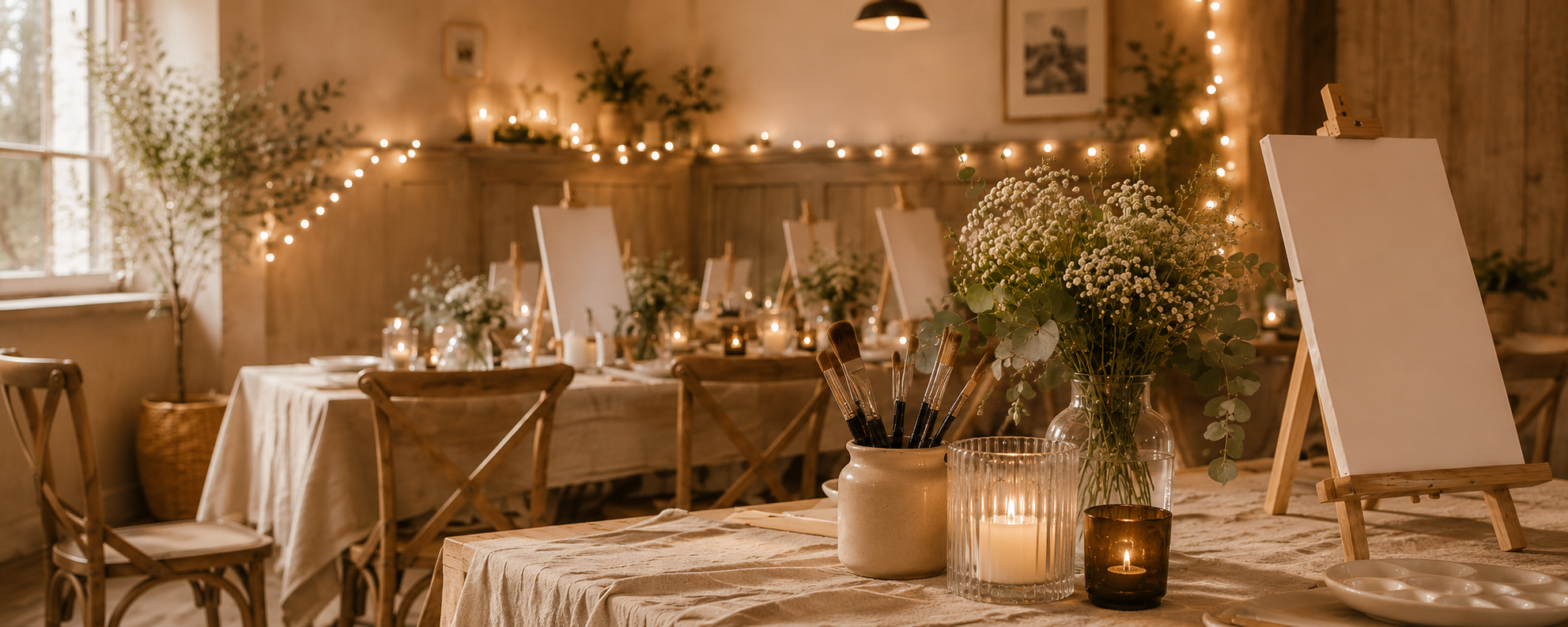 Styled paint and sip workshop setup with easels and flowers