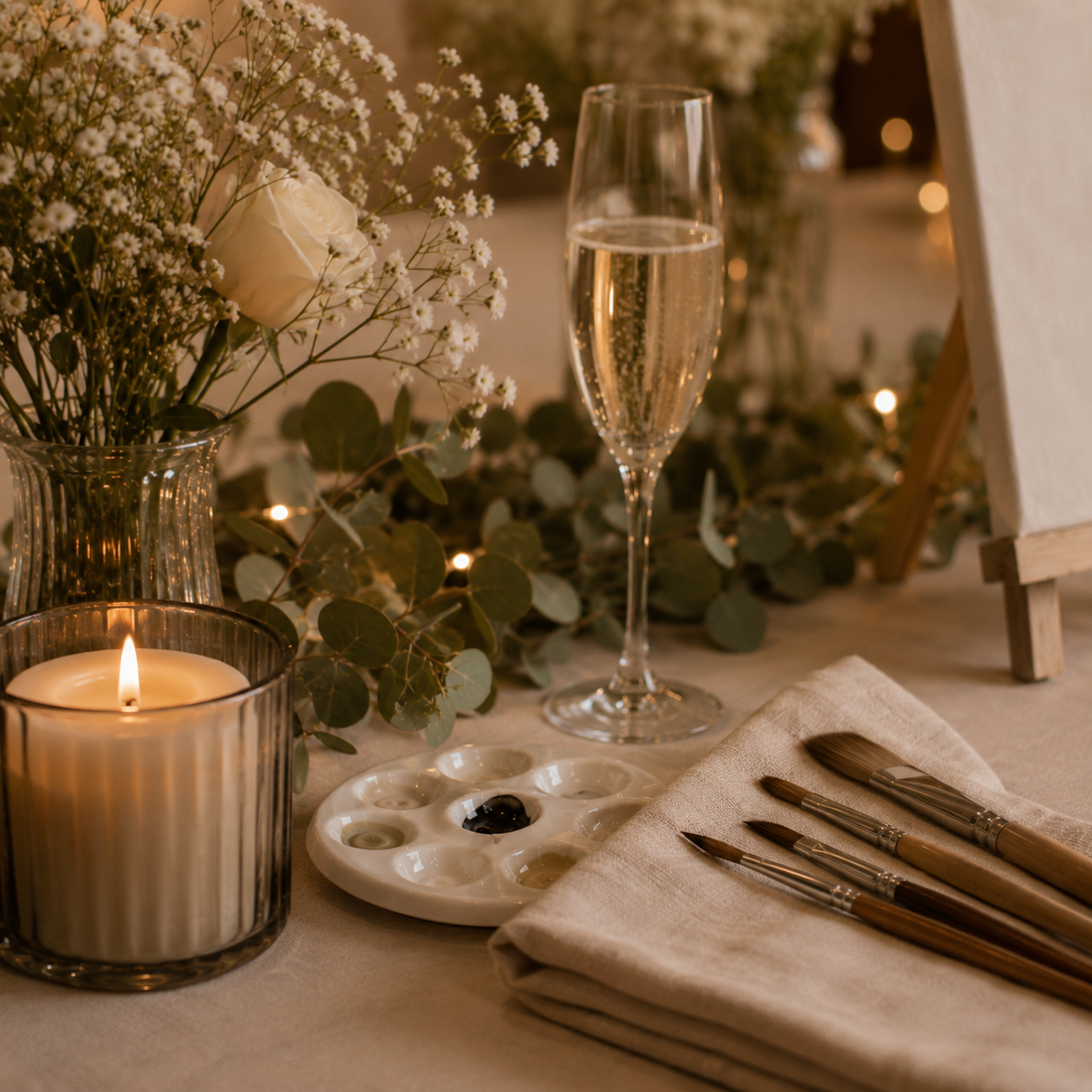 Prosecco, candle, paint palette, and brushes at a creative workshop