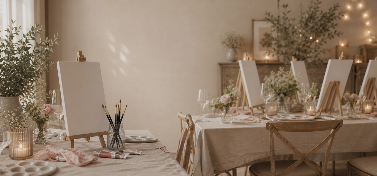 Styled DIY Surrey paint and sip workshop setup with easels, brushes, candles, florals and soft neutral decor