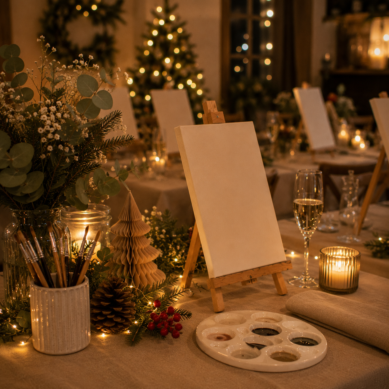 Candlelit paint and sip setup with canvas and painting materials