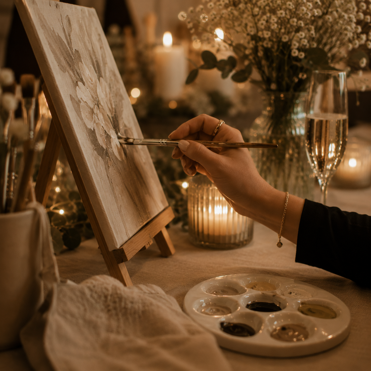 Guest painting on canvas at a DIY Surrey workshop