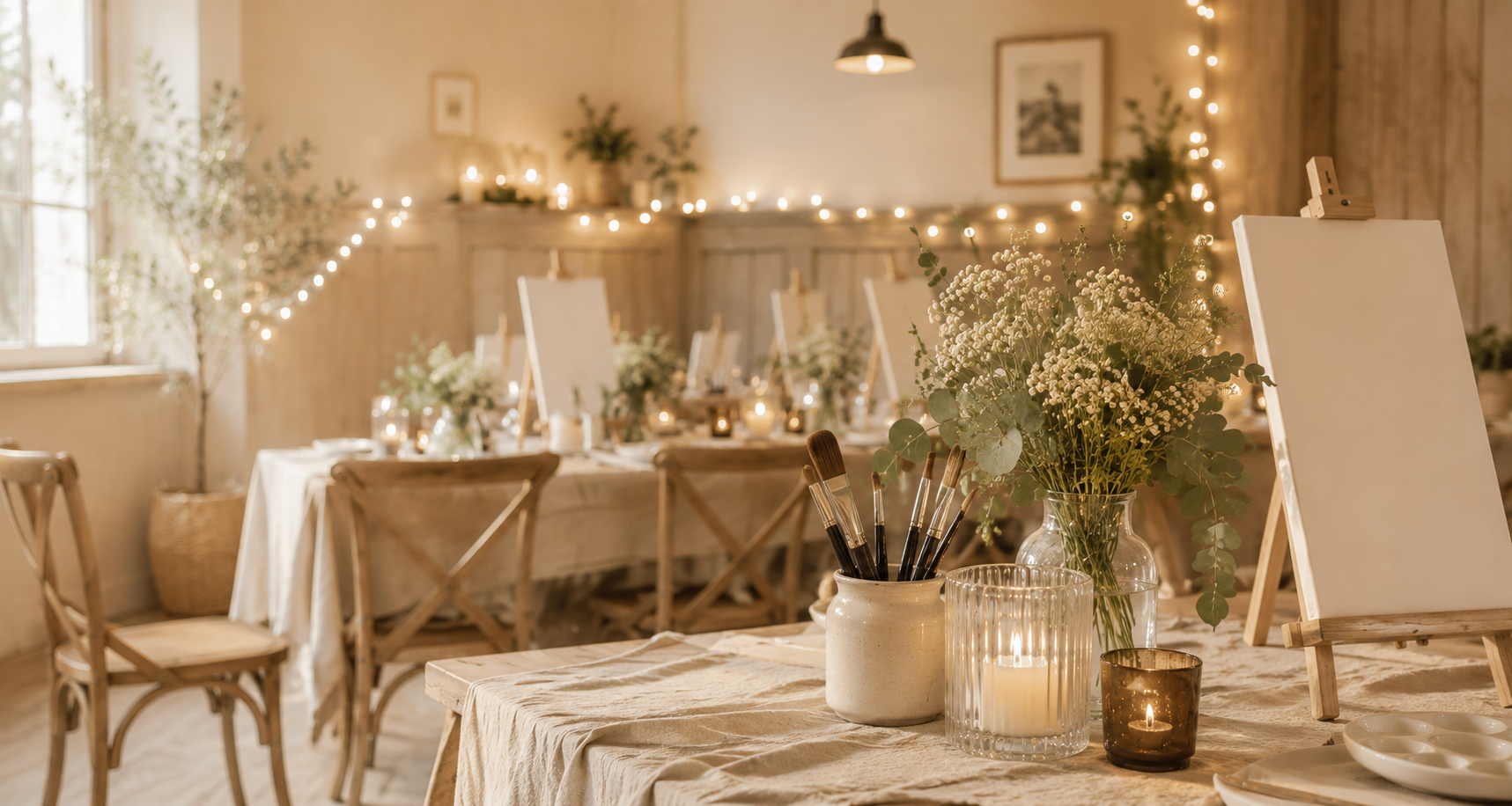 Creative workshop setup with easels, flowers, and painting materials