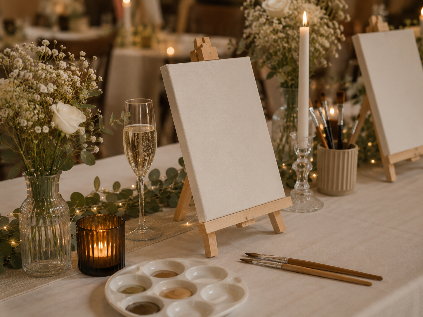 Paint and sip workshop table with canvases, candles, and flowers