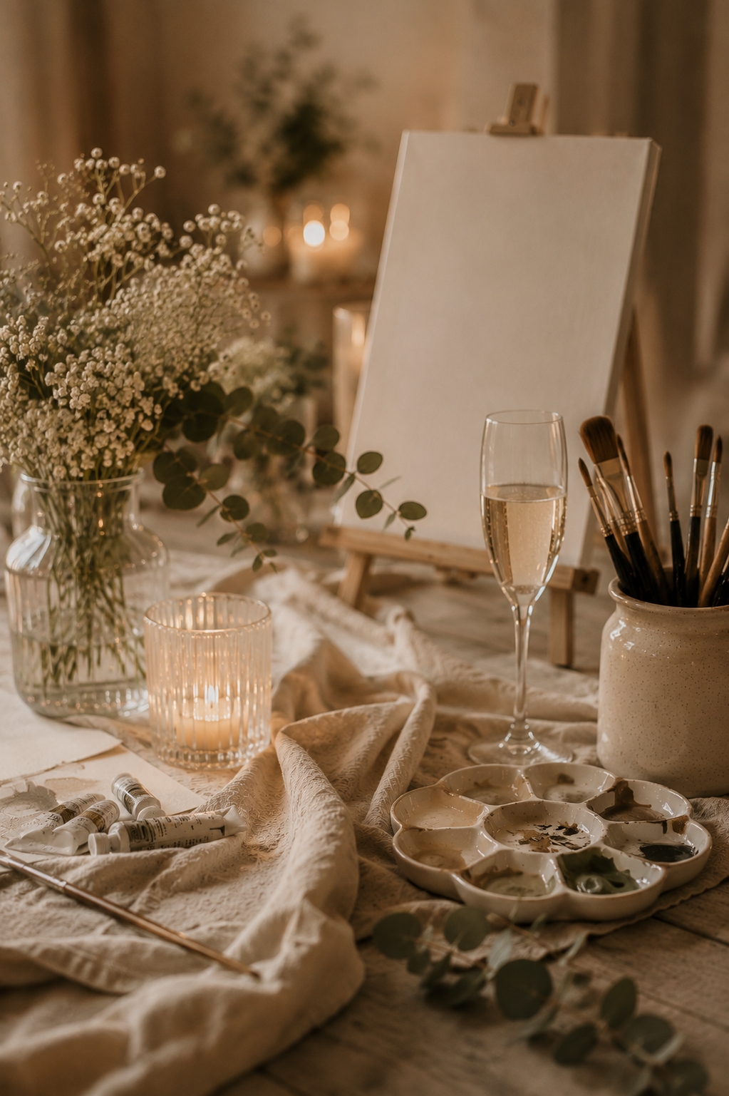 Canvas, paint palette, brushes, and flowers for a creative workshop