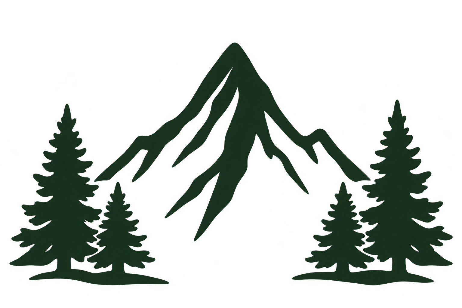 Hand-drawn mountain and evergreen forest graphic representing outdoor adventure.