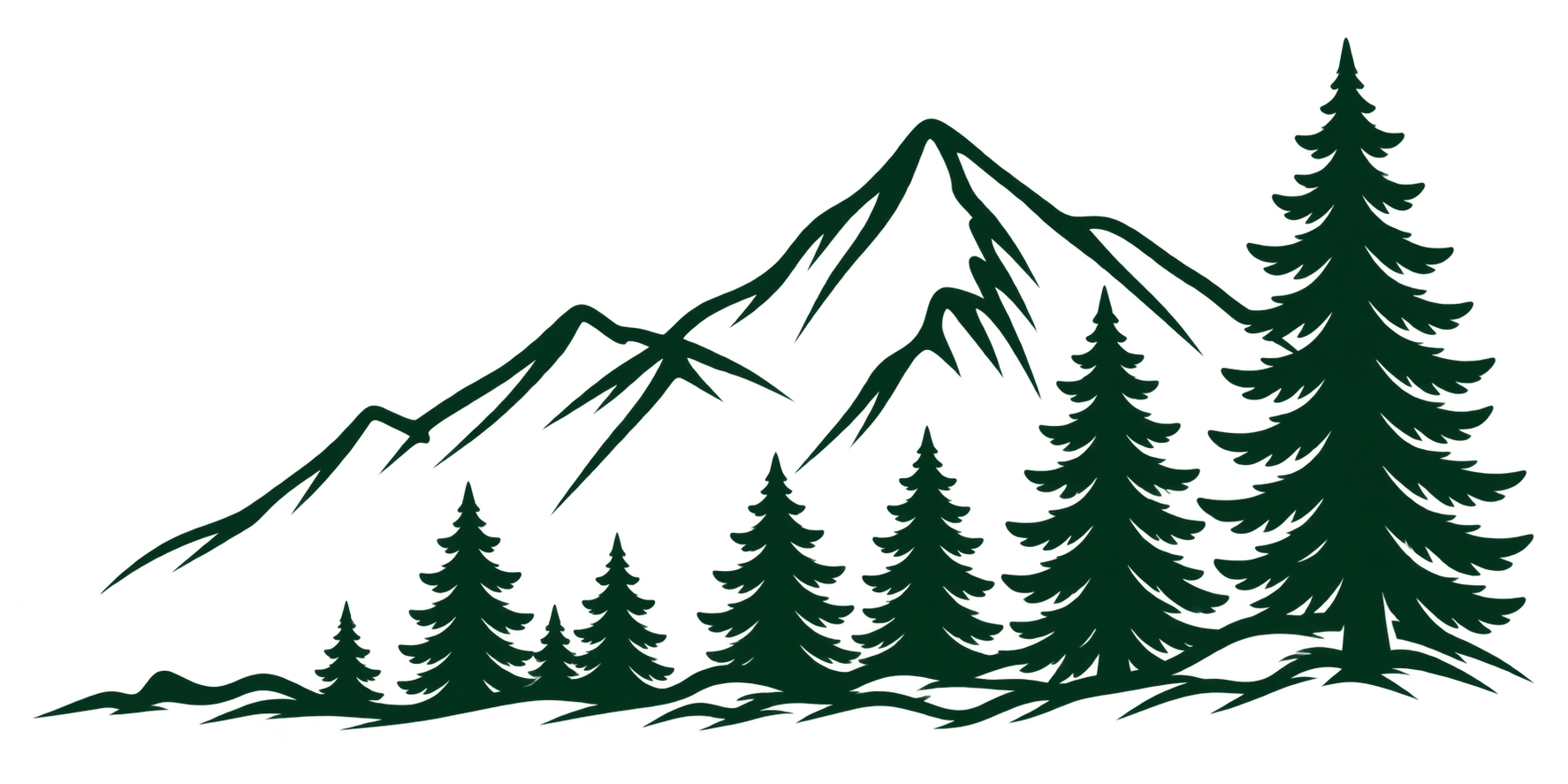 Hand-drawn mountain and pine tree illustration representing outdoor adventures with Kashie's Korner.