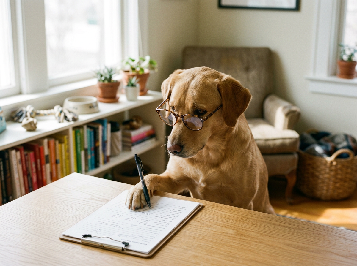 Dog wearing glasses at a desk in a playful pet care office scene.