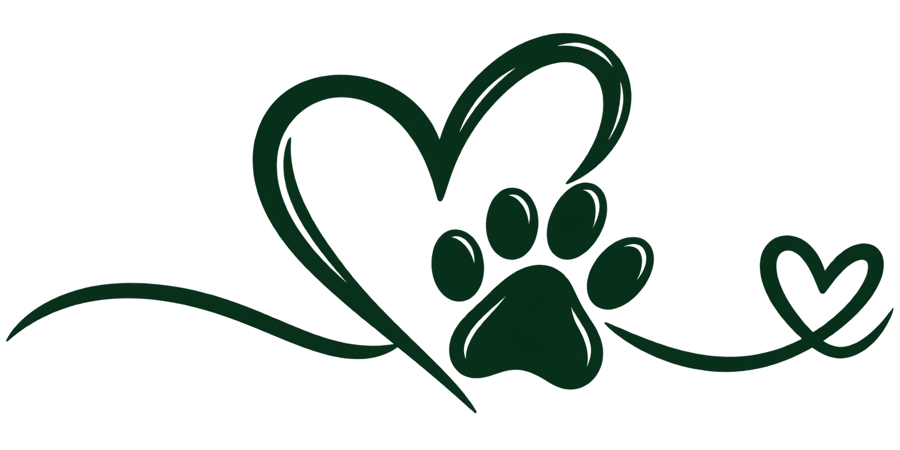 A dark green outline of a heart intertwined with a paw print, with smaller hearts around the paw print.