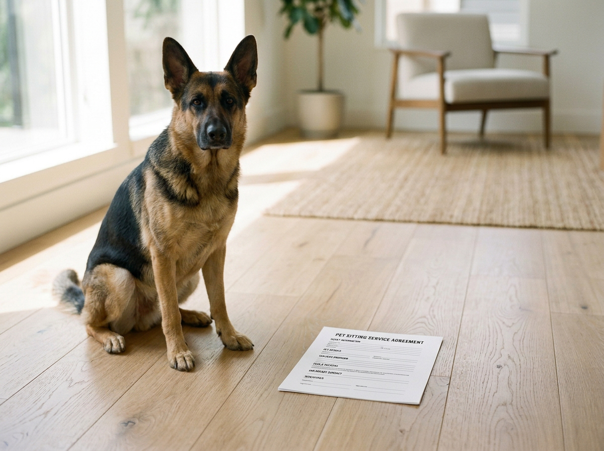 Dog beside a pet care service agreement representing Kashie’s Korner client paperwork.