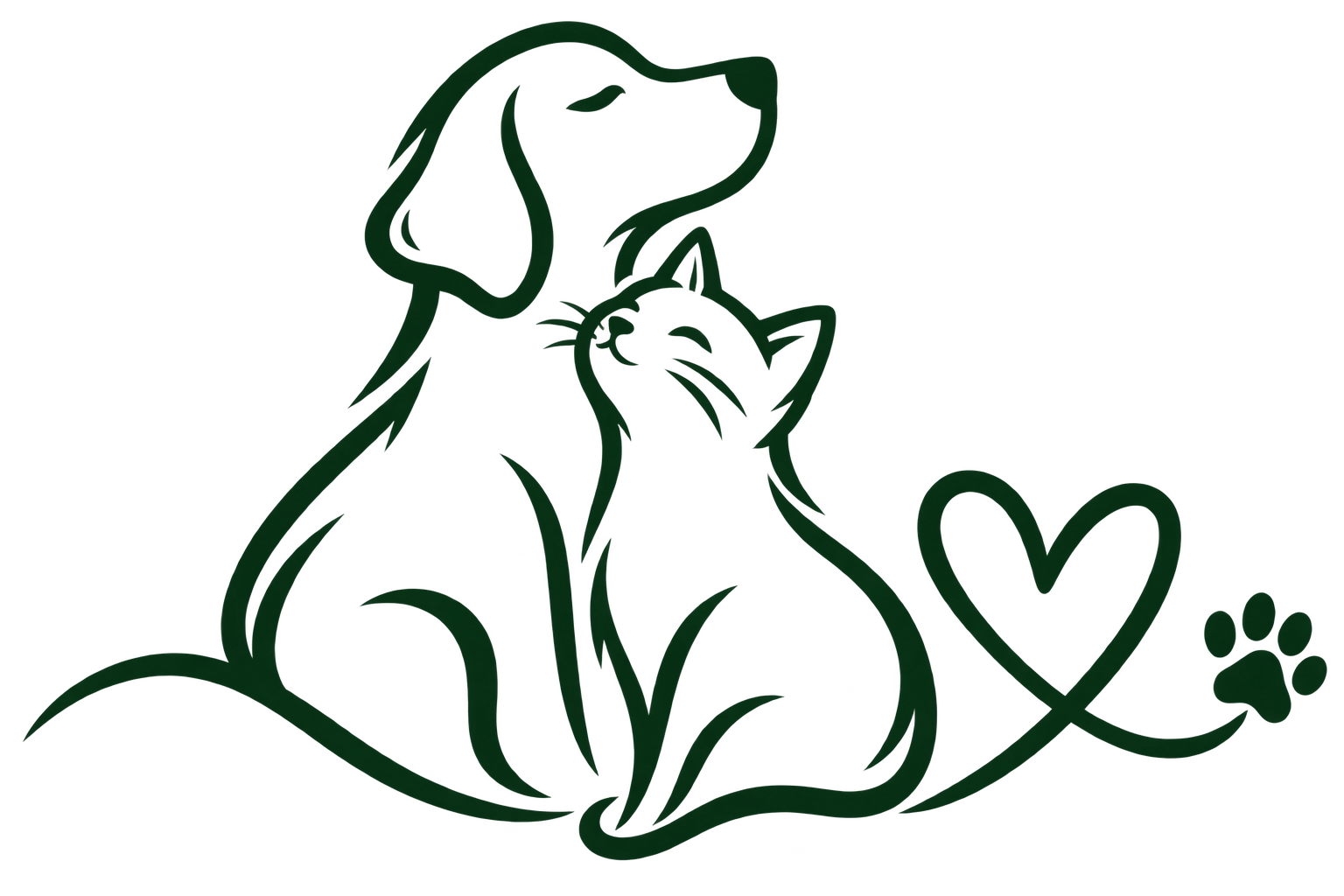 Hand-drawn dog and cat sitting together with a heart and paw print, representing compassionate pet care.