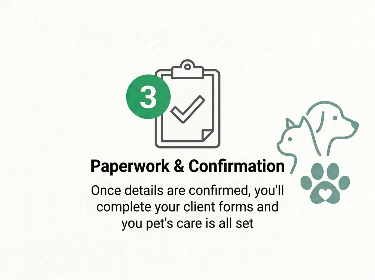 Pet care paperwork illustration representing client forms and service confirmation.