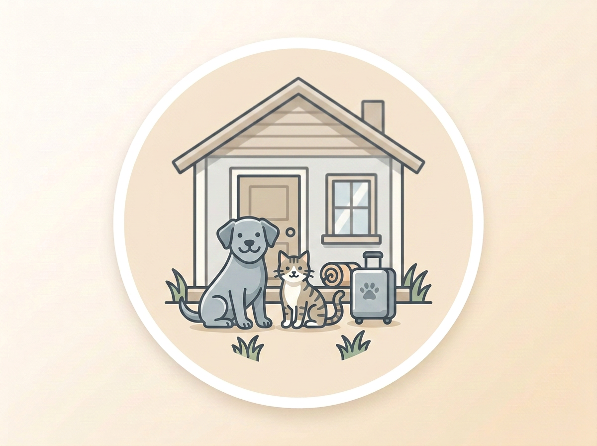 Illustration representing vacation pet care for dogs and cats in their own home.
