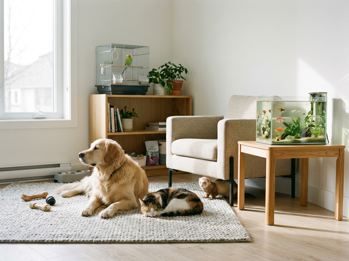 Dog, cat, and small pets in a comfortable home setting representing in-home pet care.